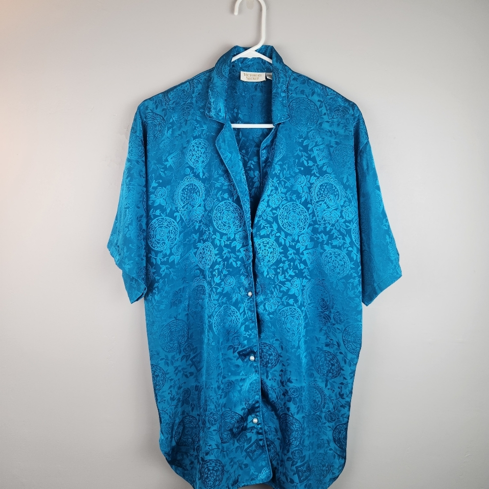 Victoria's Secret 1980s Gold Label Teal Blue Jacquard Satin  Sleep Shirt Small